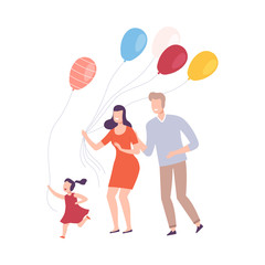 Family with Colorful Balloons, Smiling Mother, Father and their Daughter Celebrating Holiday Vector Illustration