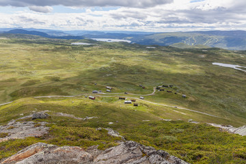 Fototapeta premium top view of norwegian mountain landscape, selective focus