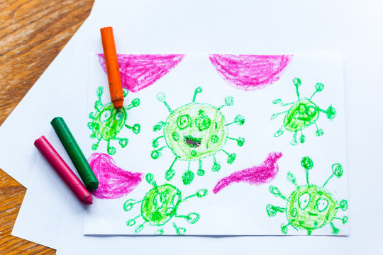children's drawing coronavirus many viruses attack the human body crayons, colored pencils, children's creativity, creating crafts, home decoration, time with children, skill development, school, home