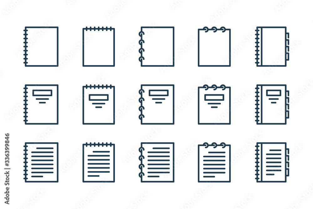 Poster notebook related line icon set. copybook linear vector icons.