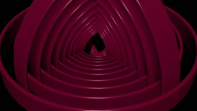 Red circular hoops rotating in different positions around the common center, red glossy material with reflection of light, abstract video background, FullHD resolution