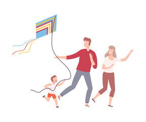 Happy Family Running with Flying Kite, Mother, Father and Son Launching Kite, Outdoor Recreational Activities Vector Illustration