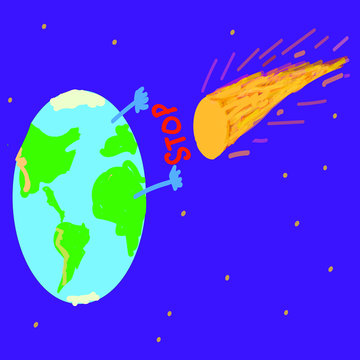 Vector Illustration Of Planet And Approaching Atlas Comet, Dangerous Distance To Cosmic Object, Hand Drawn Image In Cartoon Style Of Earth And Bright Comet With Tail, Approaching Asteroid