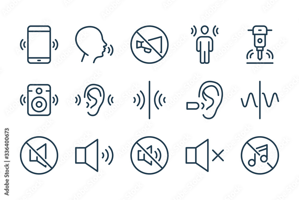 Poster noise and sound pollution line icons. loud sound and echo vector linear icon set.