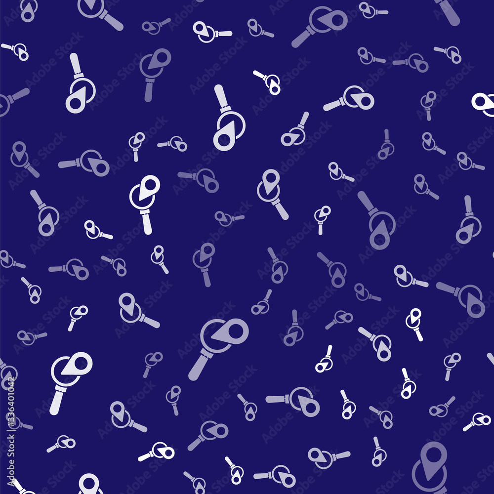 Poster white search location icon isolated seamless pattern on blue background. magnifying glass with point