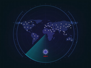 Blue Holographic scanner detects the Covid-19 Virus that has spread around the world. is shown on the world map, Vector illustration (World Map Element of this image furnished by NASA)