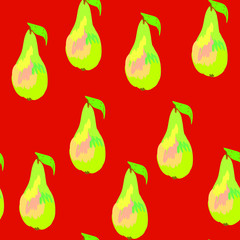 Vector seamless pattern with pear fruit, hand drawn illustration in cartoon style, kids drawing, summer print for wrapping paper, design, background texture
