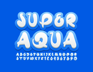 Vector artistic sign Super Aqua with Blue and White Font. Creative Alphabet Letters and Numbers