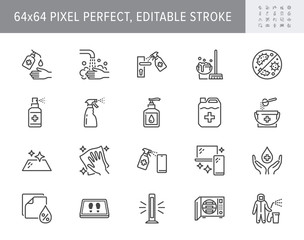 Disinfection line icons. Vector illustration included icon as spray bottle, floor cleaning mop, wash hand gel, autoclave uv lamp outline pictogram for housekeeping 64x64 Pixel Perfect Editable Stroke