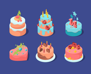 birthday cakes. colored celebration patisserie pie fruits candles strawberry bakery cupcakes. vector dessert products