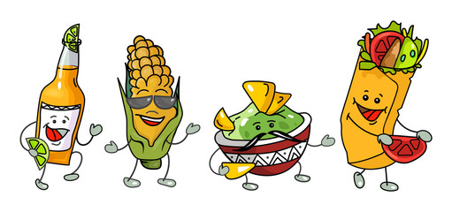 Mexican traditional food and drink set. Tequila, Guacamole, Burrito, Tacos