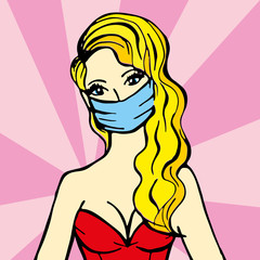 Pop art portrait of sexy pretty blonde girl in a medical mask with long hair and seductive breasts. Nice nurse, doctor. Protective face mask. Colorful bright women on pink background. 