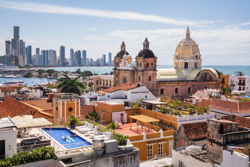 View of the St. Peter Claver church and the old town in Cartagena, Colombia - obrazy, fototapety, plakaty