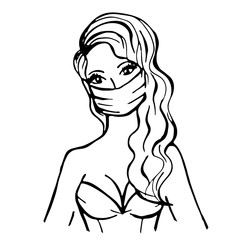 Sexy beautiful girl in a medical mask with long hair and seductive breasts. Nice nurse, doctor. Protective face mask. Coronavirus pandemic, health care concept. Black line isolated.