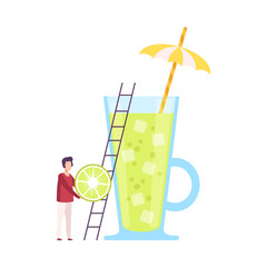 Tiny People Making Cocktail, Young Man Putting Slice of Lime to Big Glass with Juice and Umbrella, Cold Sweet Summer Drink Vector Illustration