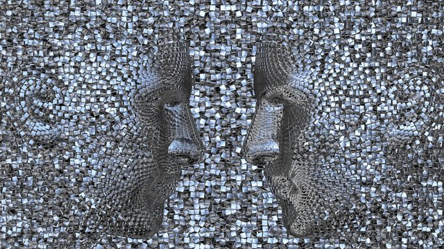 Robotic head made of metallic chrome cubes. Machine face surrounded  by shiny steel boxes. Liquid metal effect. 3d  rendering illustration