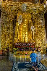Obraz premium man in the temple prays to a Buddha