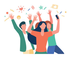 Happy young people taking photo via mobile phone flat vector illustration. Cheerful group of characters having fun and posing for picture. Digital technology and friendship concept