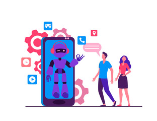 Young couple chatting with robotic assistant on smartphone screen. Chatbot helping customers with their problems. Vector illustration for customer support, help, automatic assistance concept