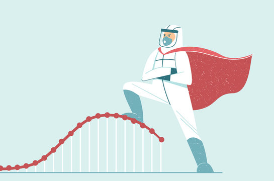 Doctor Wearing Full Protective Gear In Superhero Cape Work To Flatten The Curve To Slow COVID-19 Infection. Stop Spreading Coronavirus Infection.  Flat Vector Character 