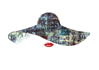 Watercolour hand drawn illustration. Beautiful woman with red lips, black hat with newspaper