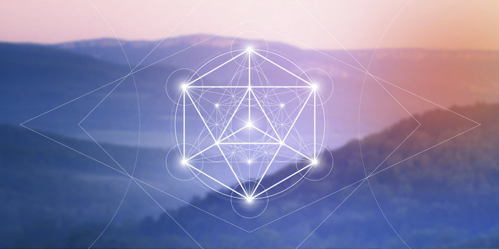 Merkaba sacred geometry spiritual new age futuristic illustration with interlocking circles, triangles and glowing particles in front of blurry natural photographic background