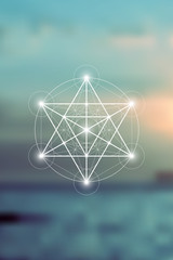 Merkaba sacred geometry spiritual new age futuristic illustration with interlocking circles, triangles and glowing particles in front of blurry natural photographic background