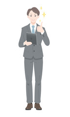 GOOD　ポーズ　タブレット　ドヤ顔　ビジネス　スーツ　男性　全身