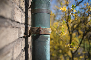 Oxidiertes Regenrohr an Hauswand, Backsteine