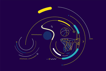 Basketball basket shot, hoop, game, Colorful Line art vector illustration.