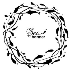 Circle logo design template with fish silhouettes and seaweed . Abstract frame with fish.   Vector illustration. © VETOCHKA