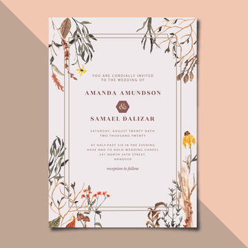 Wedding invitation card with floral watercolor