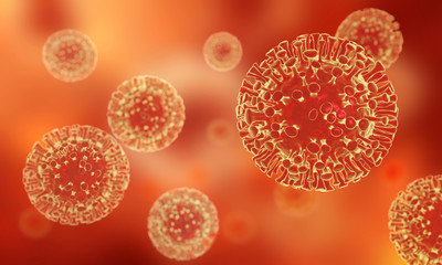 Microscopic view of a infectious virus. Contagion and propagation of a disease. Pathogen respiratory influenza covid virus cells. Red background. 3D illustration. 