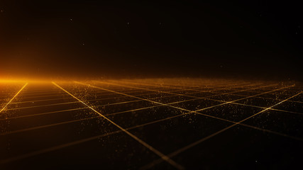 Abstract background shining golden floor ground particles stars dust perspective grid with flare. Futuristic glittering in space on black background.	