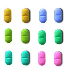 3D capsules with different colour on white background, photo illustration for editing, capsules with shadow effect, medicine graphic.