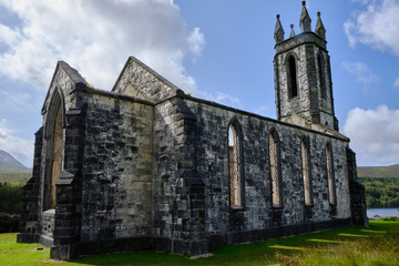 Fototapeta na wymiar The ruins of Dunlewey Church, located in Poisoned Glen, County Donegal, Ireland