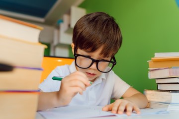 Boy studying at home with notebook and doing school homework. Distance learning online education.