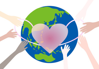 地球にマスクをかける人々の手（北半球）