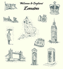 London city set collage with landmarks. Hand drawn isolated vector illustration.
