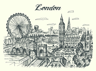 London cityscape panorama from birds eye view, hand drawn, sketch style, isolated, vector, illustration.
