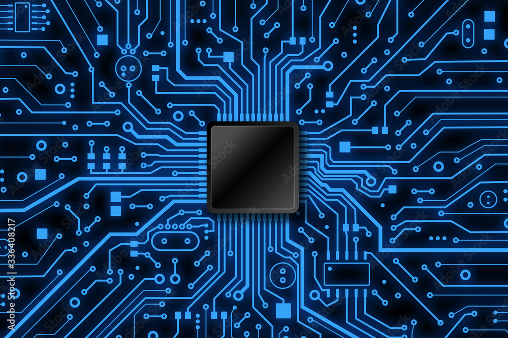 Poster Overhead view of electronic microcircuit and microchip with blank space for design. Illustration