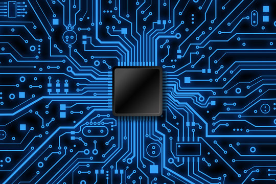 Overhead view of electronic microcircuit and microchip with blank space for design. Illustration