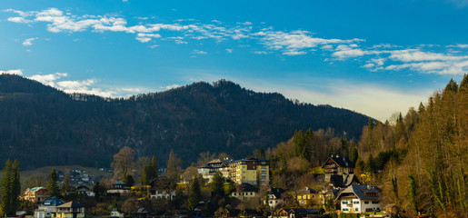 Fototapeta premium panorama landscape European village Alps mountain forest nature scenic environment clear weather day of autumn season