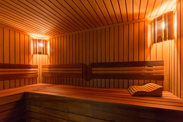 sauna bathhouse warm interior inside empty brooms barrels bucket for water