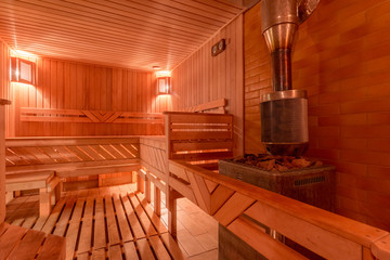 sauna bathhouse warm interior inside empty brooms barrels bucket for water