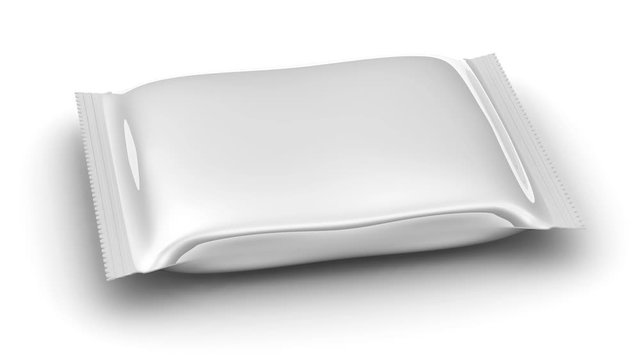 Flexible consumer packaging. One sealed package from a polymeric film rotated on white surface. Model of consumer packaging. Footage video