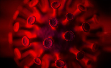 Coronavirus In Dark Red Background - Covid-19 Virology Concept - 3d Rendering