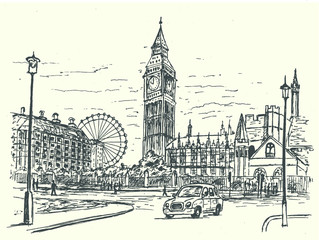 London city scene hand drawn style. Isolated, vector illustration.
