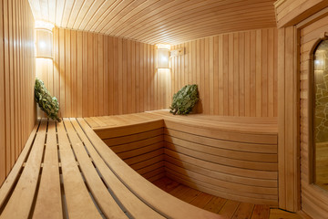 sauna bathhouse warm interior inside empty brooms barrels bucket for water