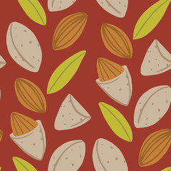 Almond nuts seamless pattern. Ripe almond kernels with leaves in flat. Almond on a dark red background. Several almond kernels. Healthy vegetarian food. Vector illustration. Funny cartoon style